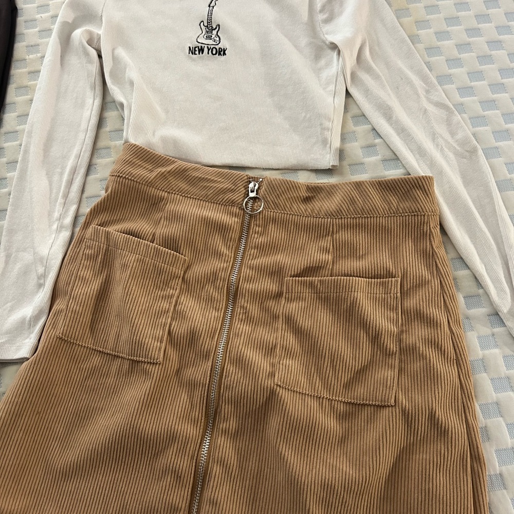 Tan Corduroy Skirt with Front Pockets